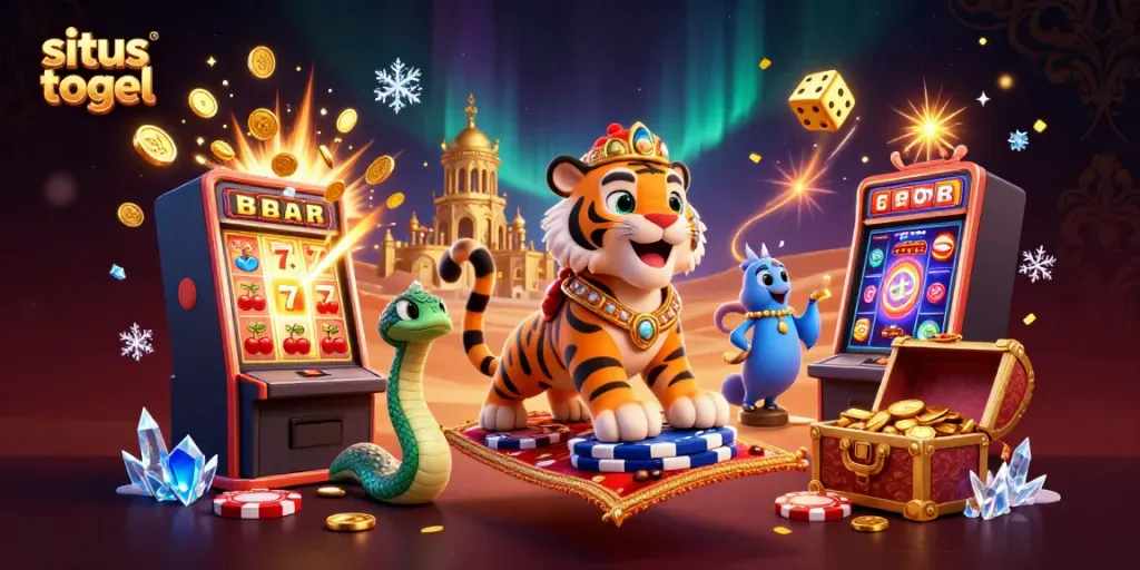Engage with situs togel in a vibrant casino scene featuring a magical tiger sultan and jackpot elements.