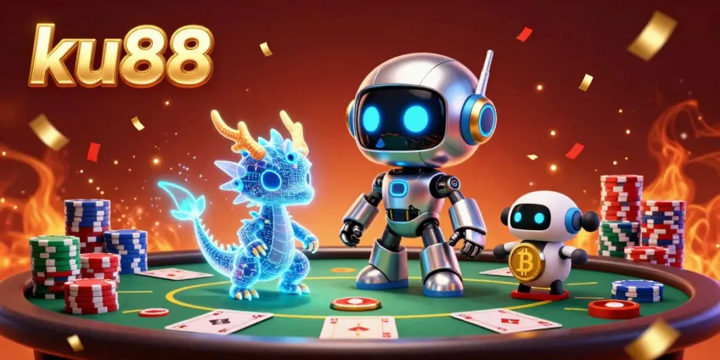 Engage with ku88's vibrant poker scene featuring a cyberpunk mascot, poker chips, and festive confetti.