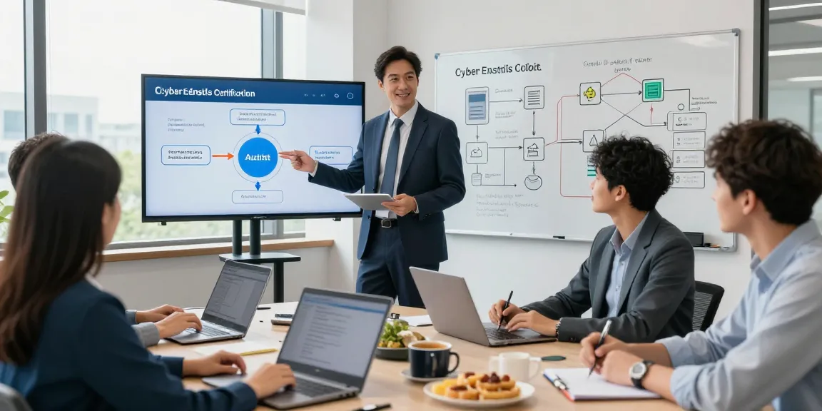 Consultancy professionals discussing cyber essentials certification steps in a collaborative office