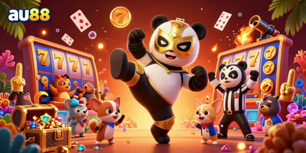 Engaging scene featuring the au88 panda kicking with golden slots around amidst cheering animal fans.