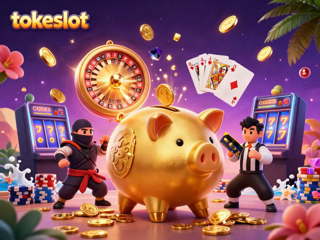 Experience tokeslot thrills with a golden piggy bank sumo wrestler and exciting casino elements.