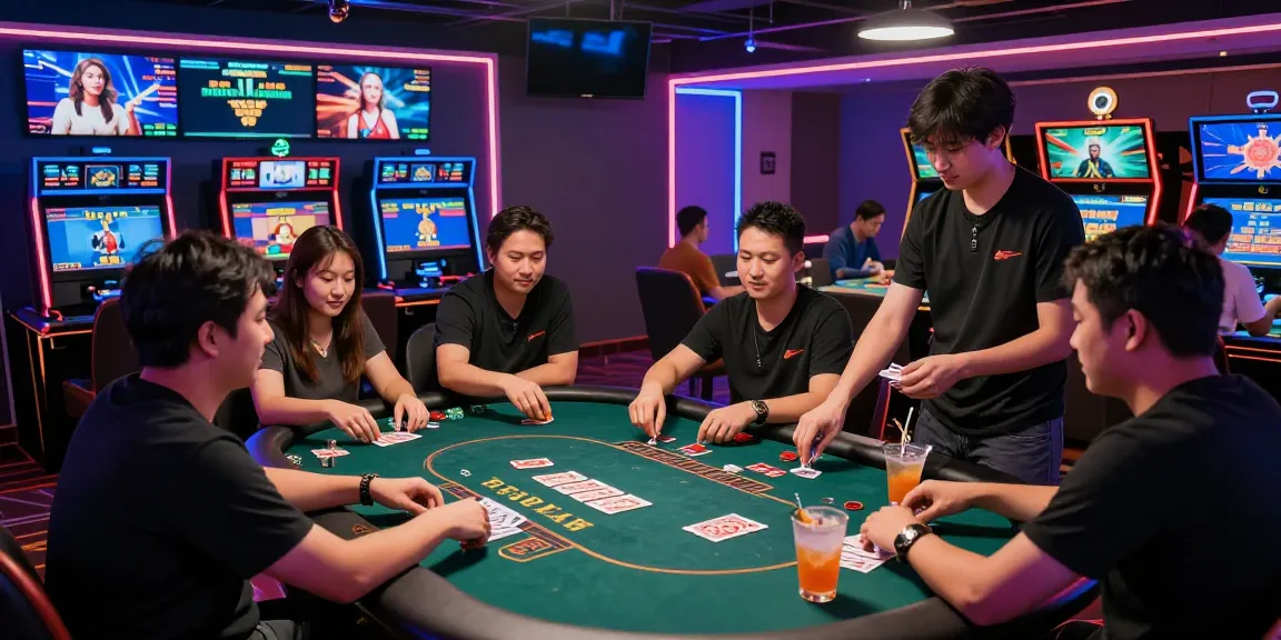 Yo88 gaming lounge with players enjoying card games and high-tech ambiance.