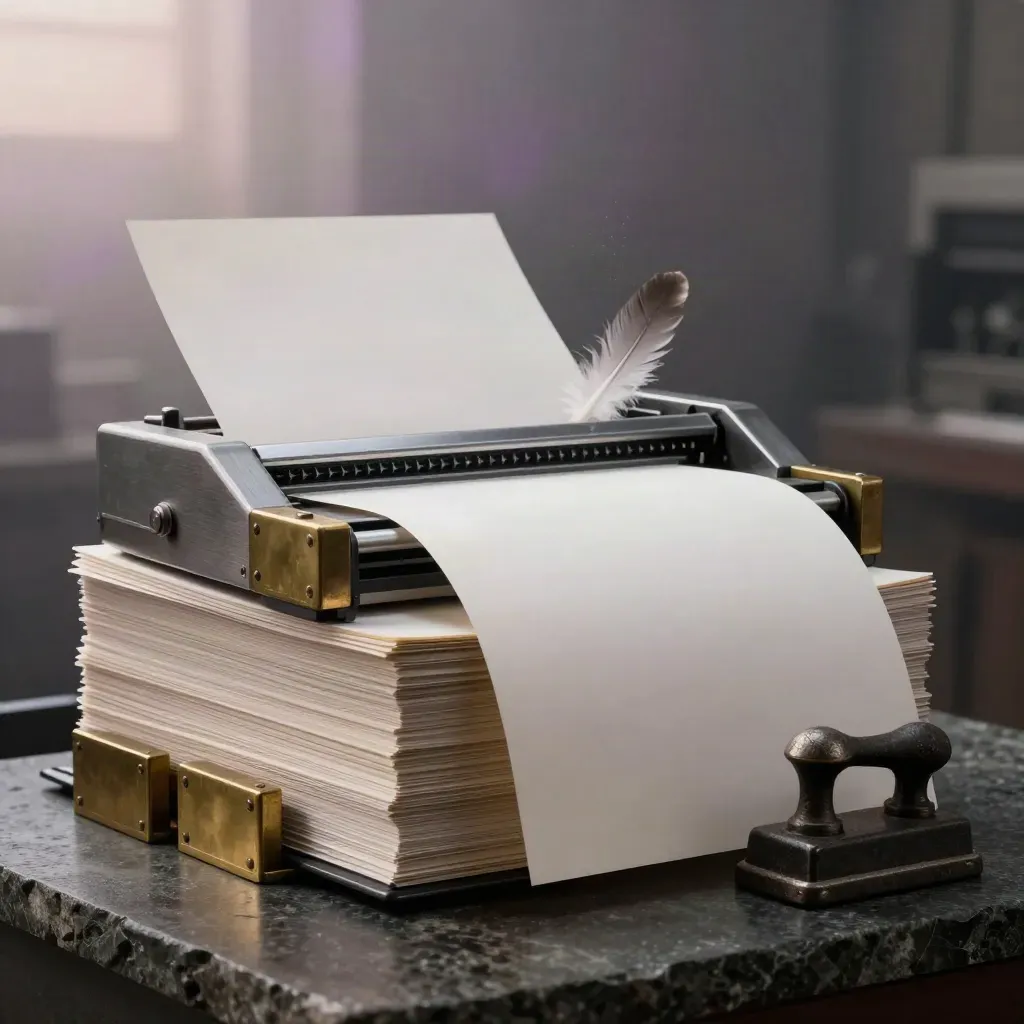 Blank proof sheets, metal plate, brass blocks and paper jogger on stone in pre-dawn mist.