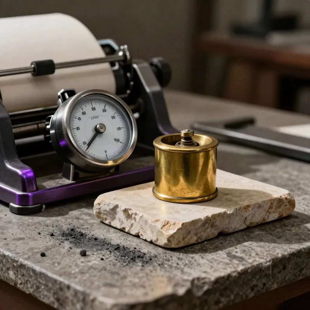 Brass paperweight, press gauge, and folded proof corner on warm stone
