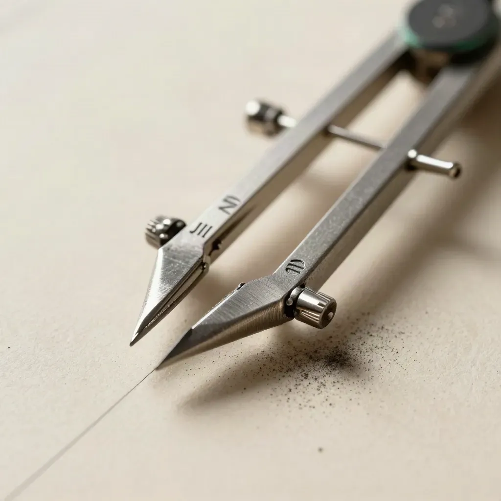 Steel curve template over a drafting compass with graphite chips on cream stone.