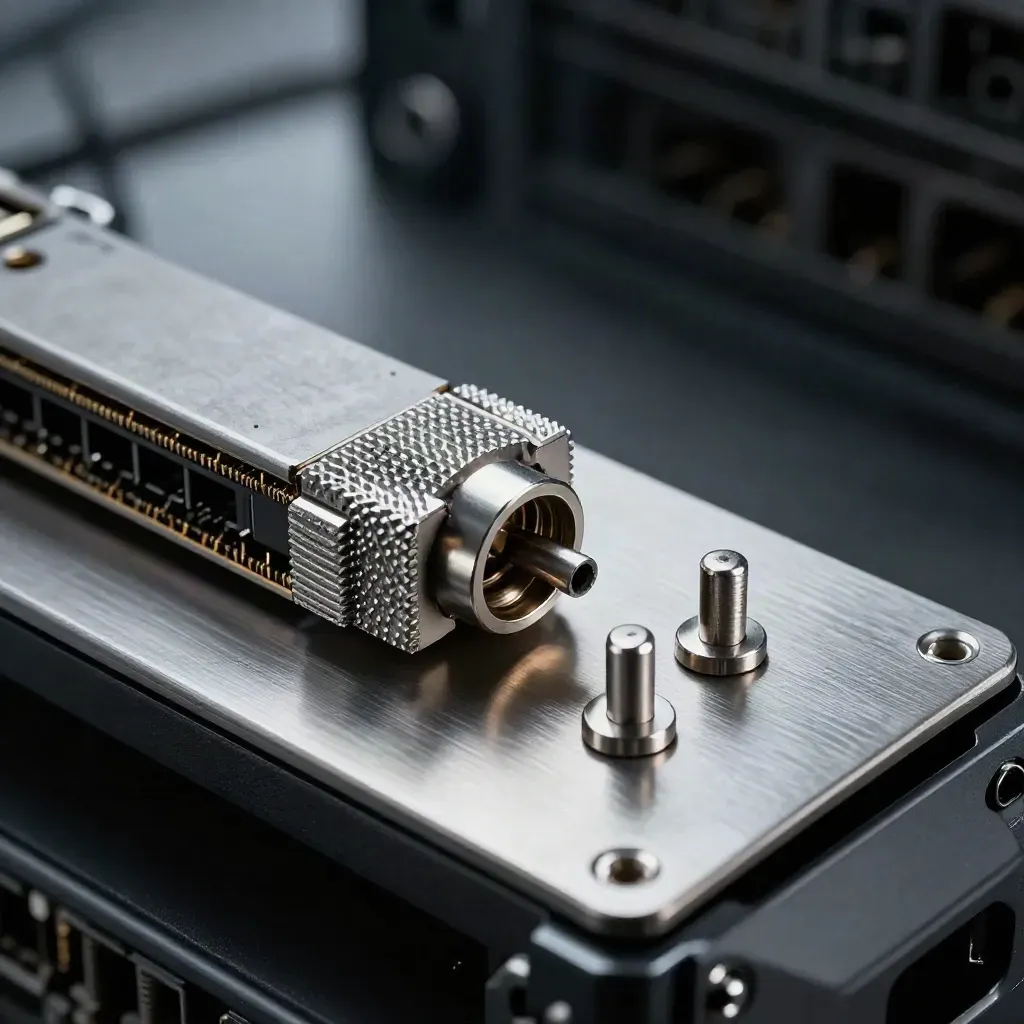 Macro of a server NIC, cable ferrule, and registration pins on brushed metal