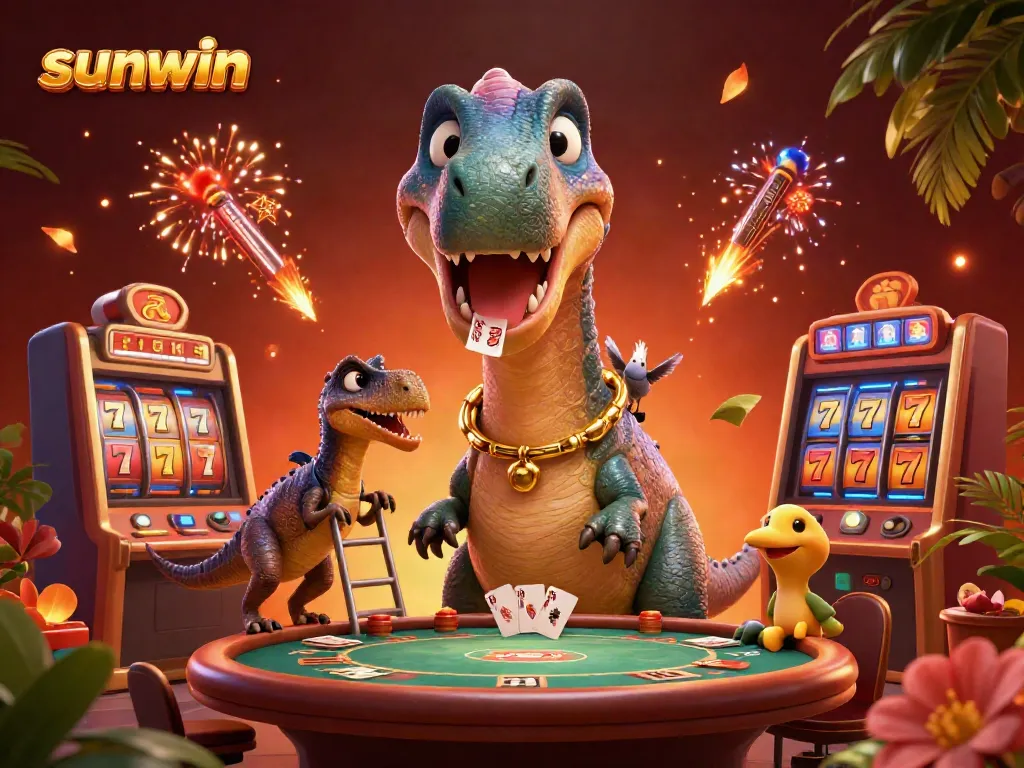 Experience thrilling gameplay with sunwin's dynamic gaming atmosphere featuring a towering brontosaurus and a clever raptor dealer.