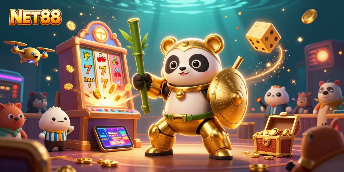 Engage with NET88 as the golden panda and robot soar above a jackpot bursting with coins and symbols.