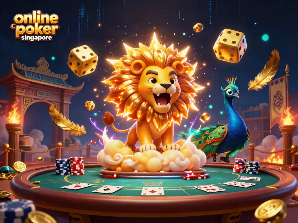 Play online poker Singapore at a vibrant casino scene featuring golden dice and roaring lion.