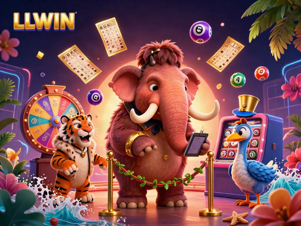LLWIN showcases lively 3D characters including a woolly mammoth bouncer and bingo elements in a vibrant casino scene.
