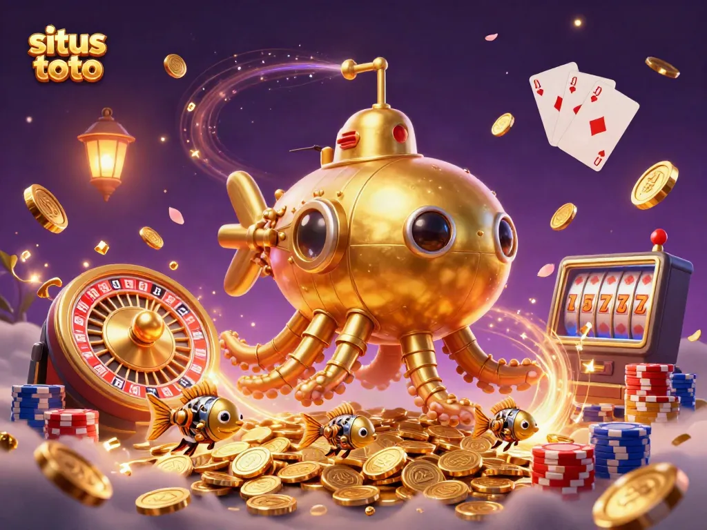 Situs toto illustration featuring a golden kraken submarine and casino elements in a vibrant sea of coins.