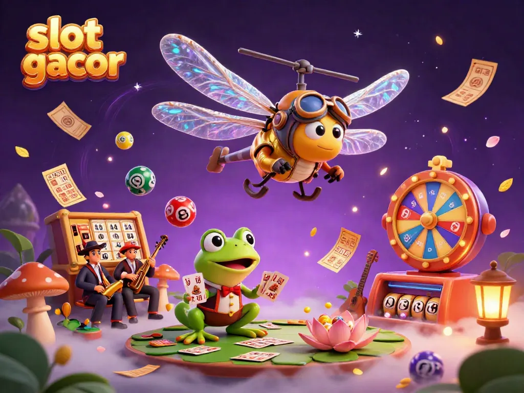 Experience slot gacor action with a dragonfly pilot and frog dealer amidst colorful casino elements.