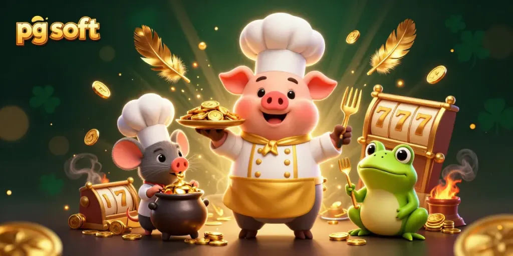 Spin the reels with pg soft as a chef pig serves gold coins in a dynamic casino scene.