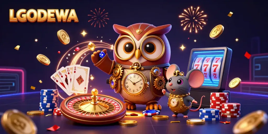 Experience the excitement of LGODEWA with a vibrant 3D casino scene featuring a time-traveler owl and a clockwork mouse amidst winning elements.