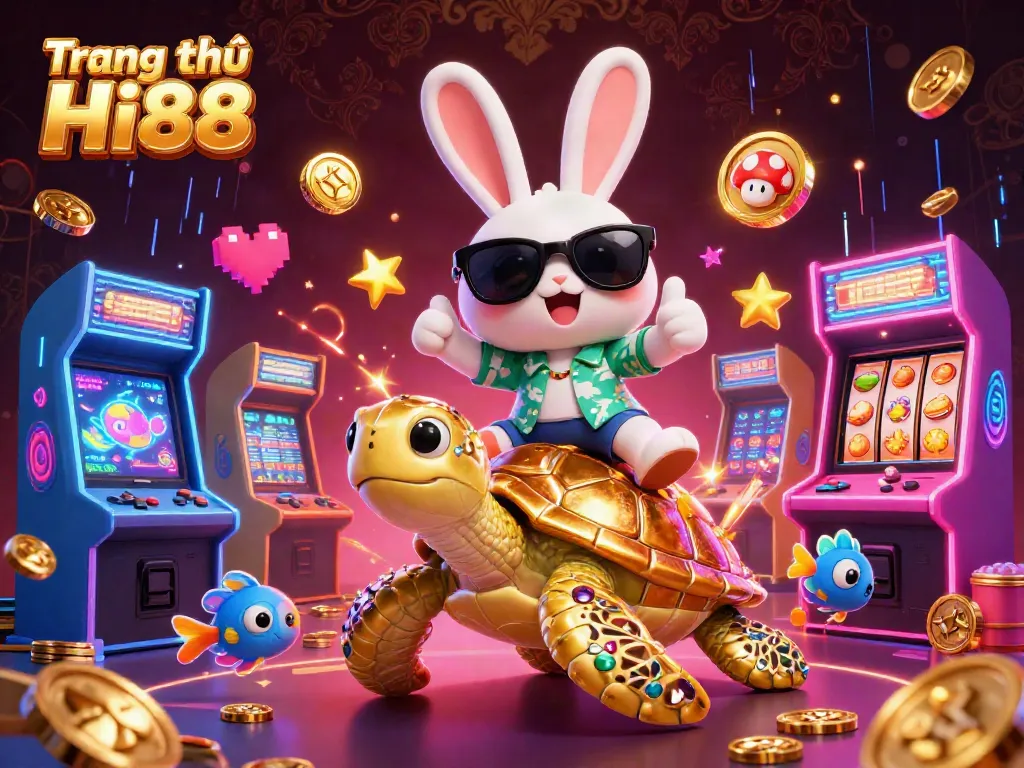 Engage with exciting games at Trang chủ Hi88, featuring a cartoon lucky rabbit and golden sea turtle.