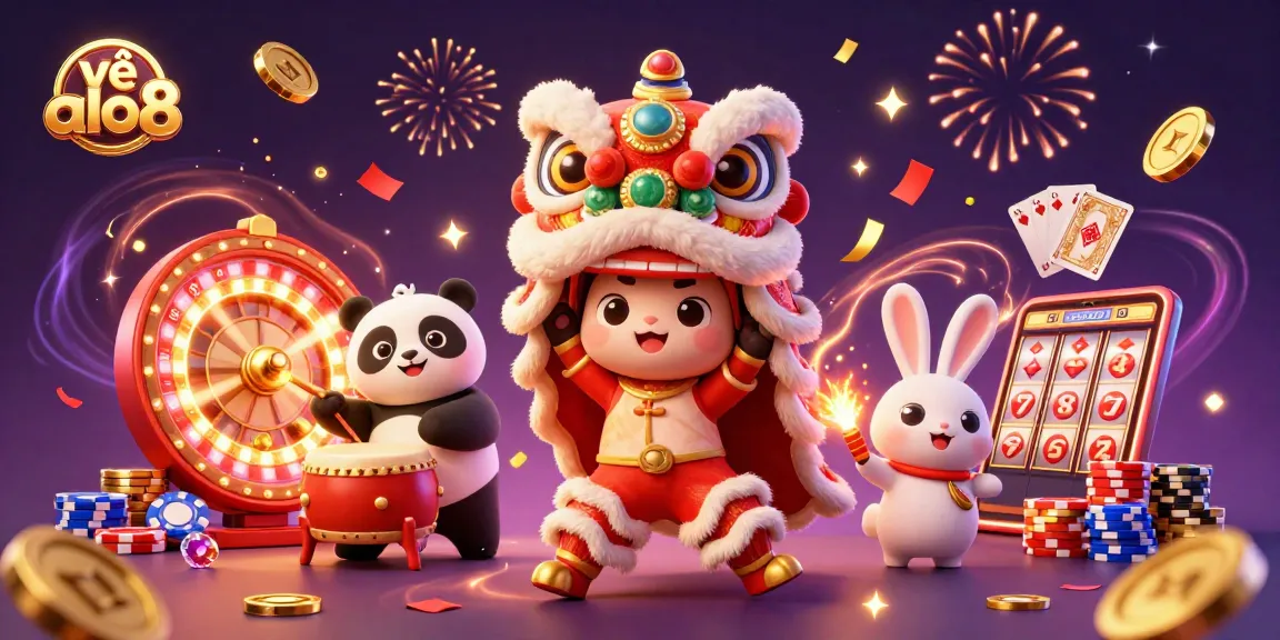 Engage in vibrant gaming luck with về alo8, featuring a lively lion dance and captivating casino elements.
