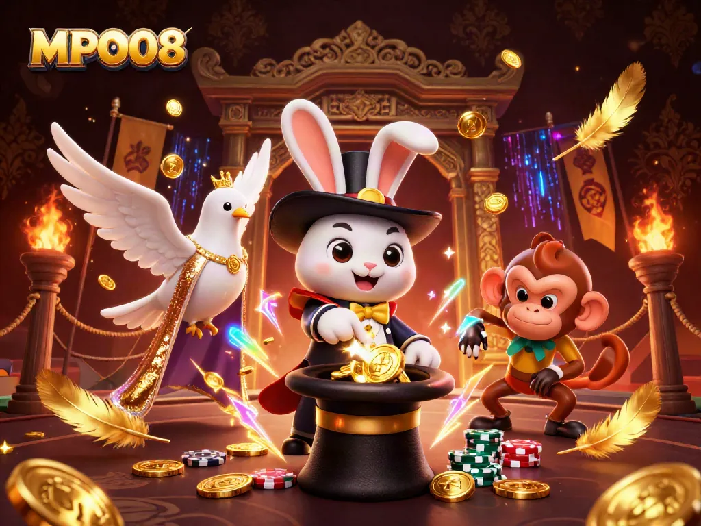 MPO08 showcases a vibrant casino scene with a magician rabbit, golden coins, and a monkey stealing poker chips.