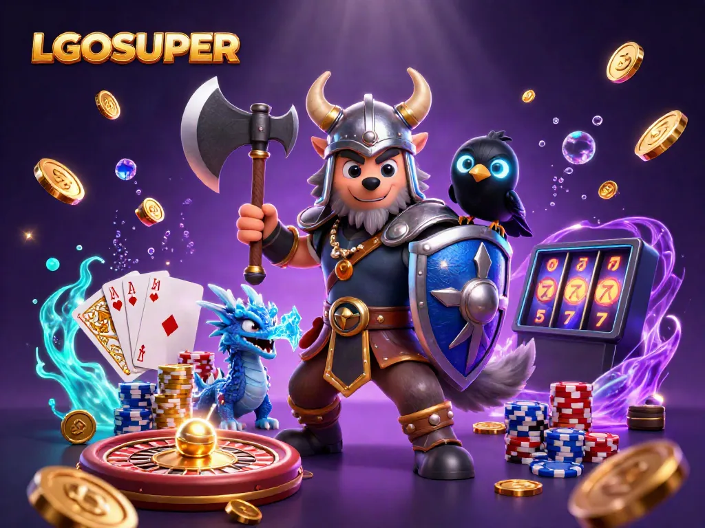 Join the action with LGOSUPER, where a Viking wolf warrior, dragon, and raven celebrate casino wins with coins and cards.