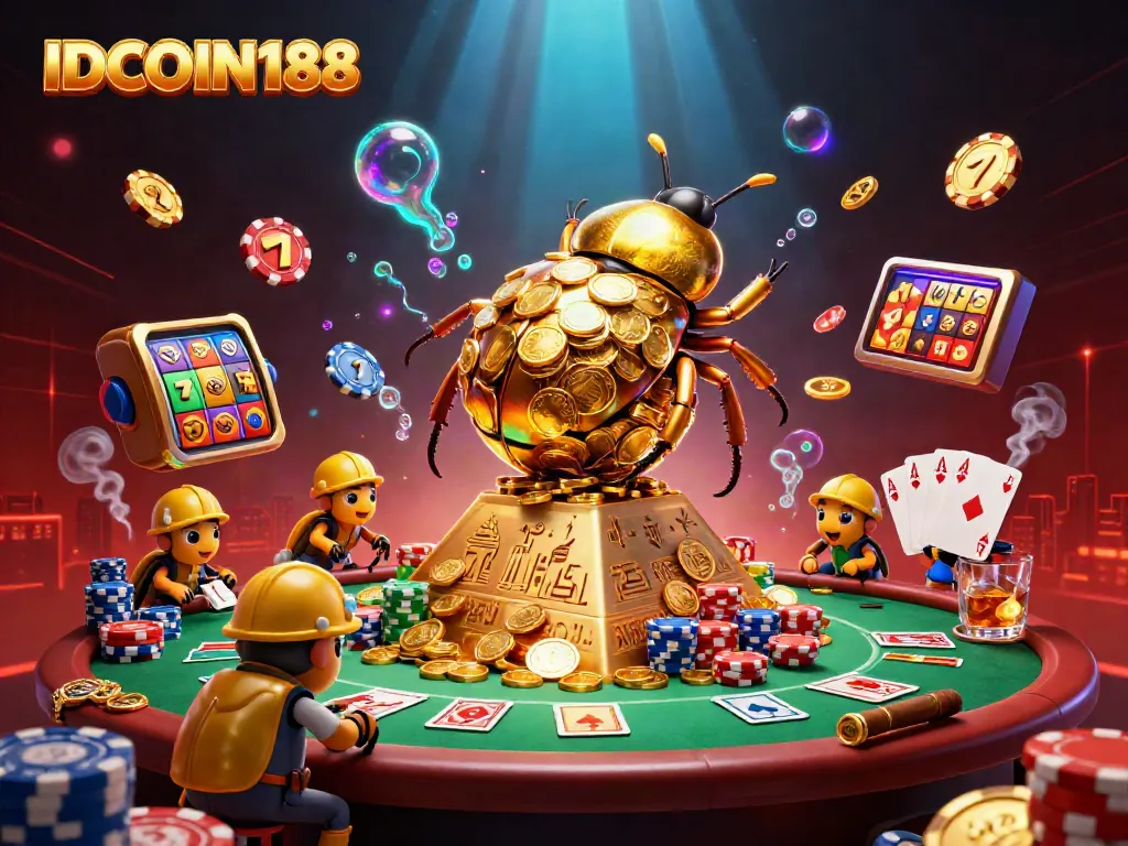 Spin the reels and win big with IDCOIN188 in a vibrant casino scene featuring gold coins and slot symbols.