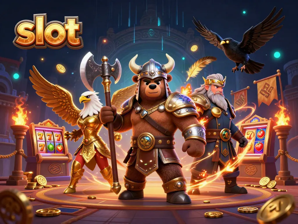 Engage with thrilling slot entertainment through an intricate 3D Viking casino scene.