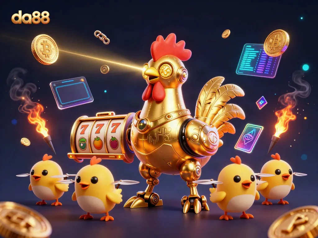 Experience thrilling gameplay at da88 with a retro-futuristic golden rooster robot amidst vibrant casino elements.