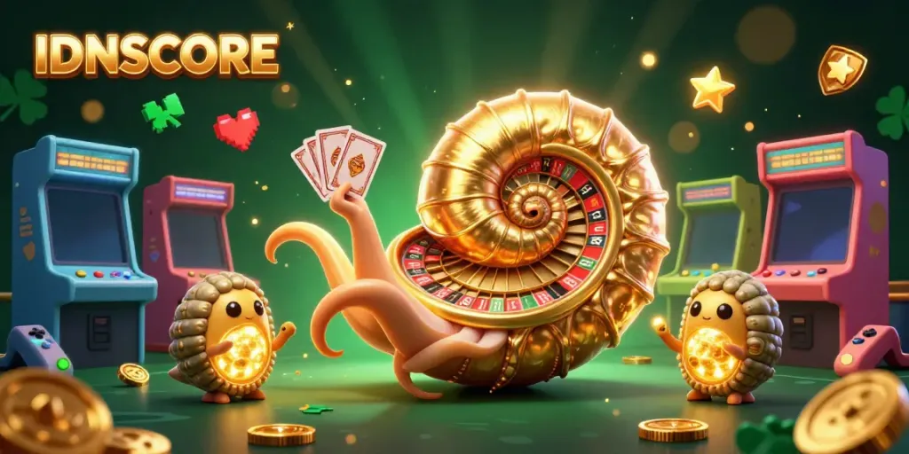 Engage in thrilling gameplay at IDNSCORE, featuring a giant nautilus roulette wheel and glowing ammonite companions.