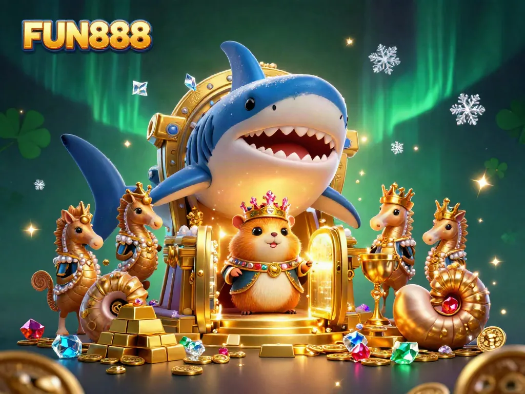 Experience exciting gambling adventures with FUN888 in a vibrant 3D casino scene filled with treasure and action.