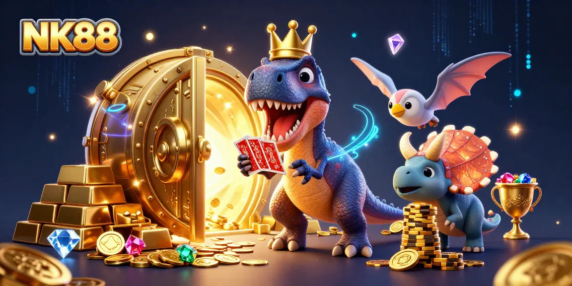 NK88 engages in thrilling card games with a T-Rex shuffling cards amidst treasure.