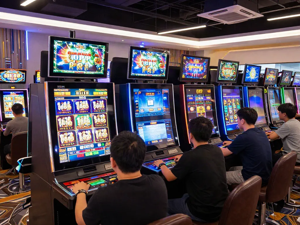Players enjoying the qqmacan slot experience in a vibrant virtual casino setting.