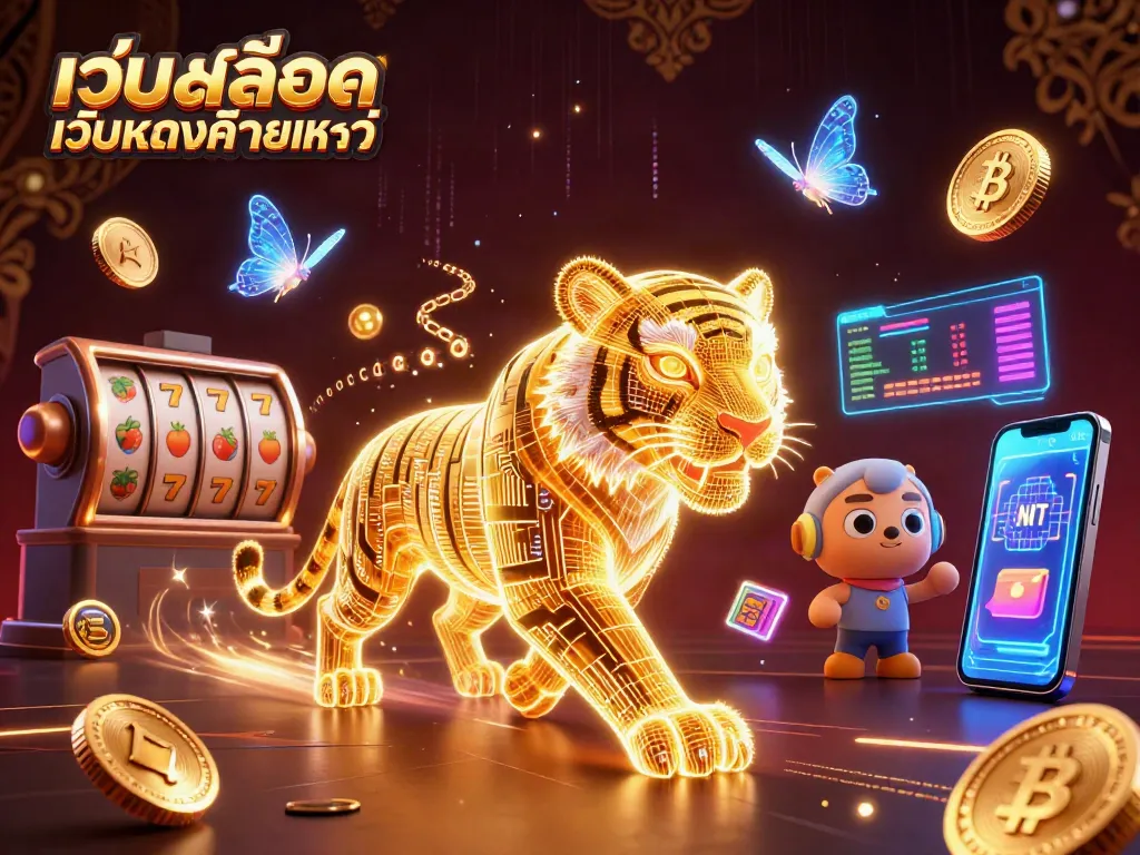 เล่น เว็บสล็อตเว็บตรงค่ายใหญ่ โดยมีเสือทองคำและสัญลักษณ์สล็อตในภาพ 3D ที่ล้ำสมัย