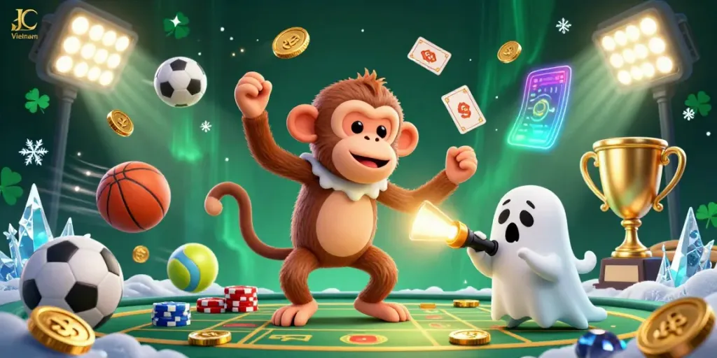 Experience thrilling gameplay with JBO Vietnam as a poltergeist monkey juggles casino treasures in a haunted atmosphere.