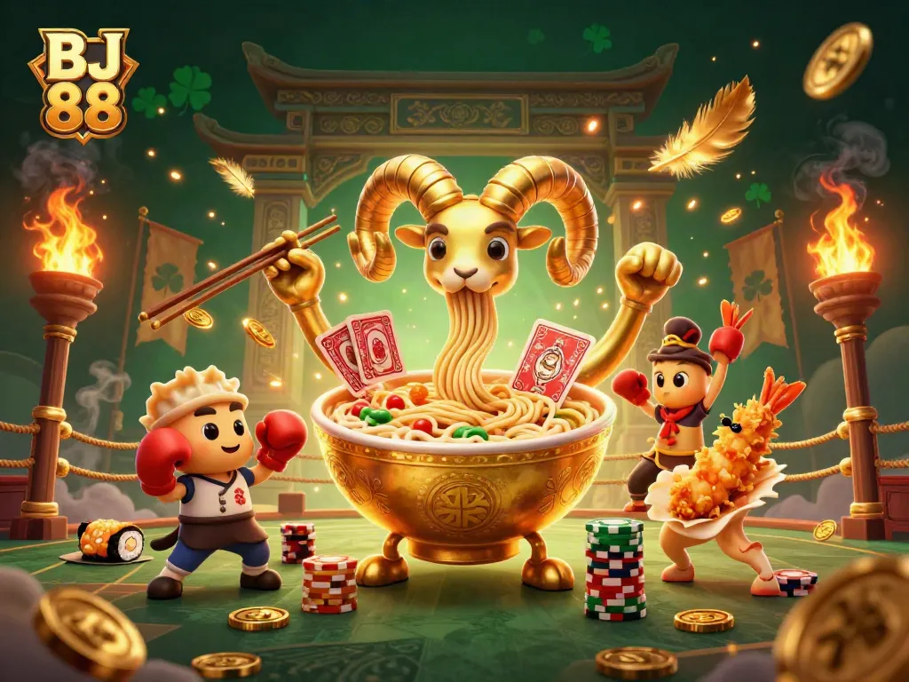 Engage with BJ 88's thrilling casino scene featuring a ramen bowl and dynamic characters.