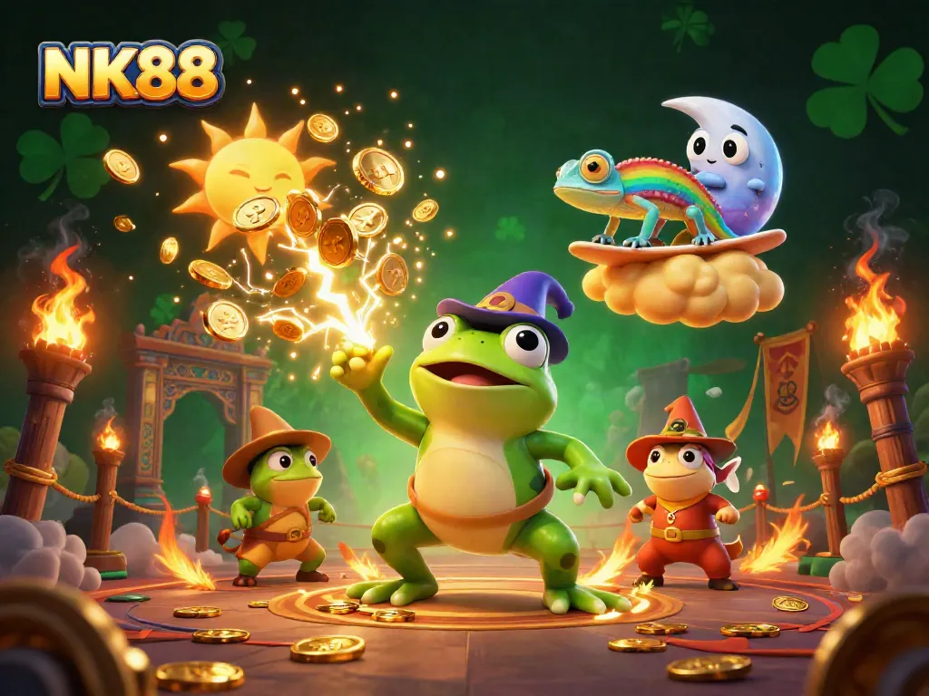 Experience the excitement of NK88 with a vibrant 3D illustration featuring a wizard frog and chameleon amidst gold.