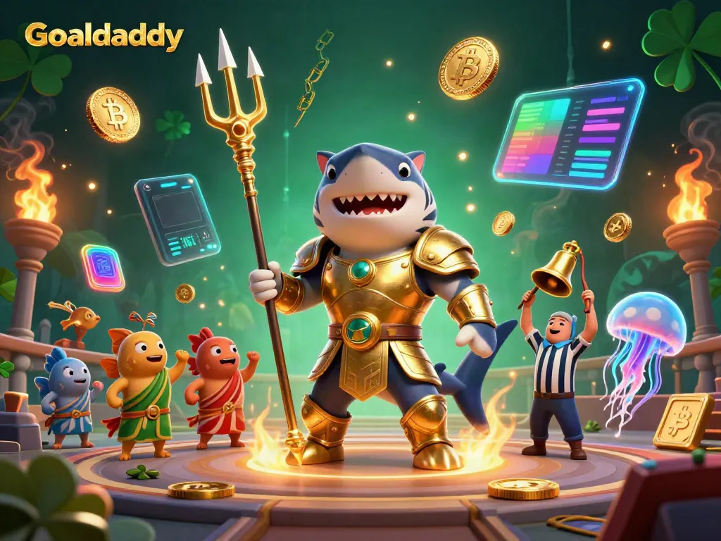 Watch thrilling moments at Goaldaddy with a vibrant underwater scene depicting a shark in gladiator armor.