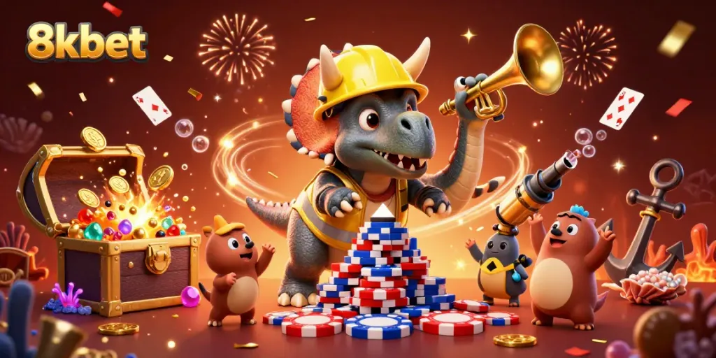 Experience fun gaming action with 8xbet as characters celebrate amidst vibrant casino elements.