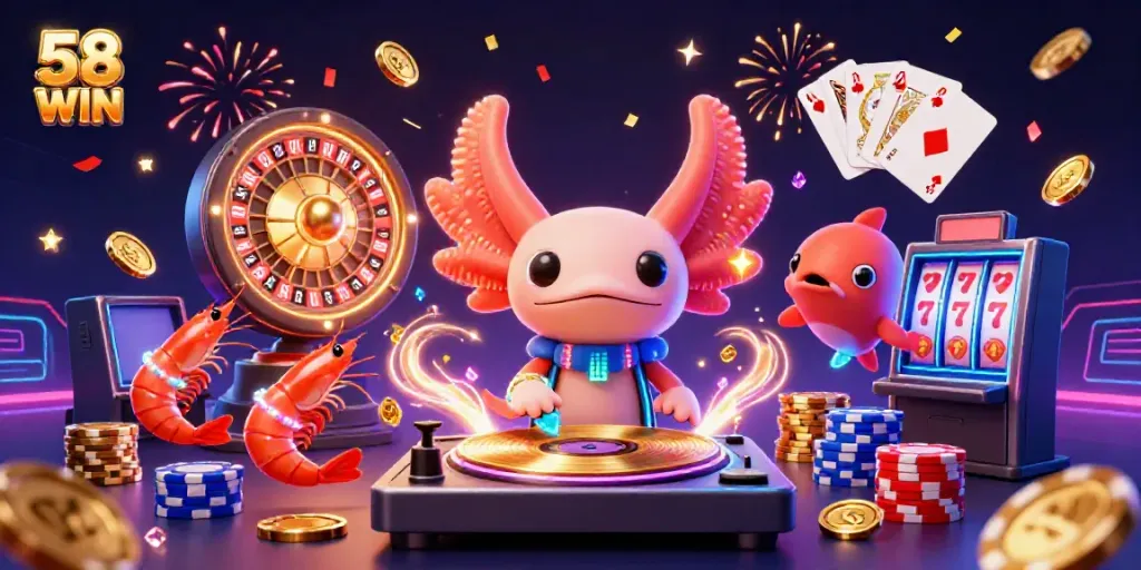 Experience thrilling moments at 58 WIN casino with neon characters celebrating amidst vibrant gambling elements.