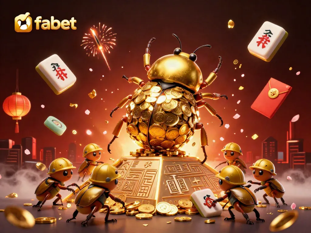 Engage with fabet's vibrant casino adventure, featuring golden beetles amidst dynamic gaming symbols.