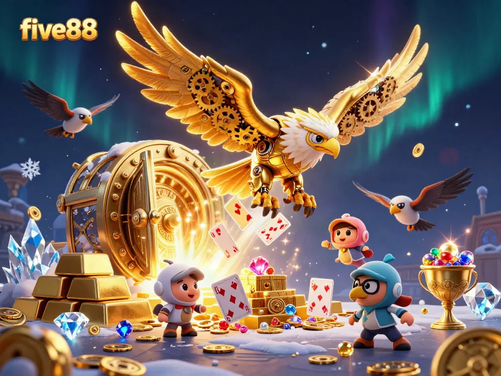 Experience the thrill at five88 with a dynamic illustration of a golden eagle amidst vibrant casino elements.