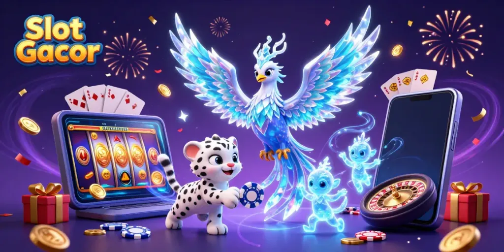 Spin the Slot Gacor with colorful graphics and golden coins erupting in a vivid casino scene