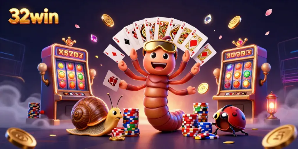 32win casino scene with millipede dealer and slot machine action, creating a vibrant gaming atmosphere.