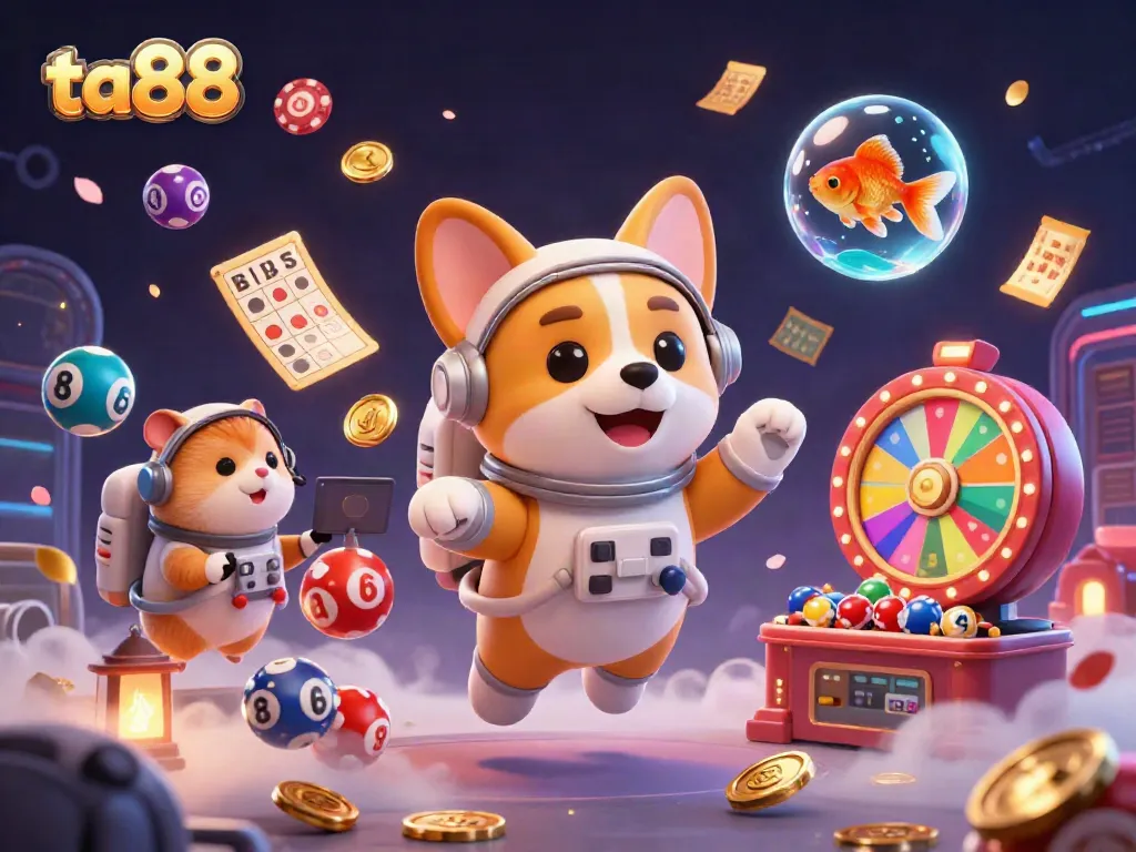 Play exciting casino games at ta88 with a vibrant, colorful scene featuring a floating astronaut corgi and immersive elements.