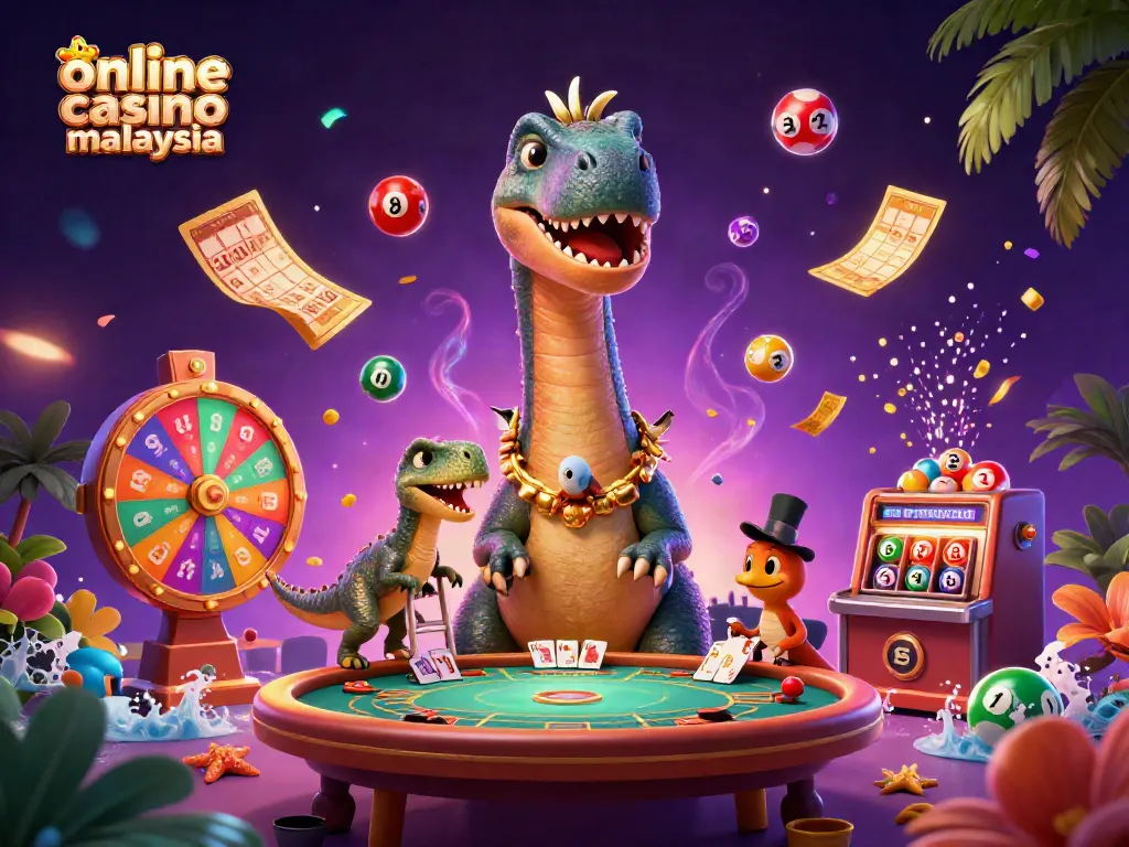 Experience excitement at the online casino Malaysia with cartoon dinosaurs and dynamic game elements.