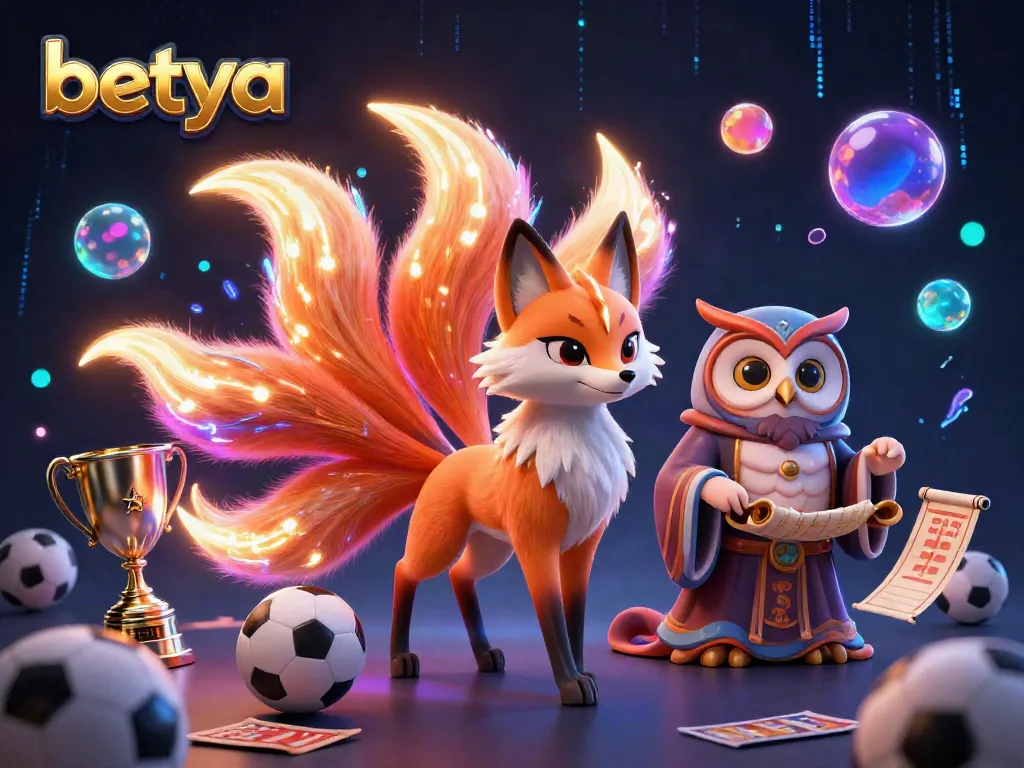 Betya sports betting illustration featuring a nine-tailed fox spirit and owl sage amidst dynamic action.