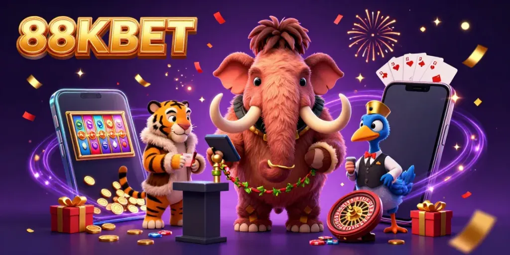 88KBET casino scene showcasing a woolly mammoth bouncer and saber-tooth guest with festive details.