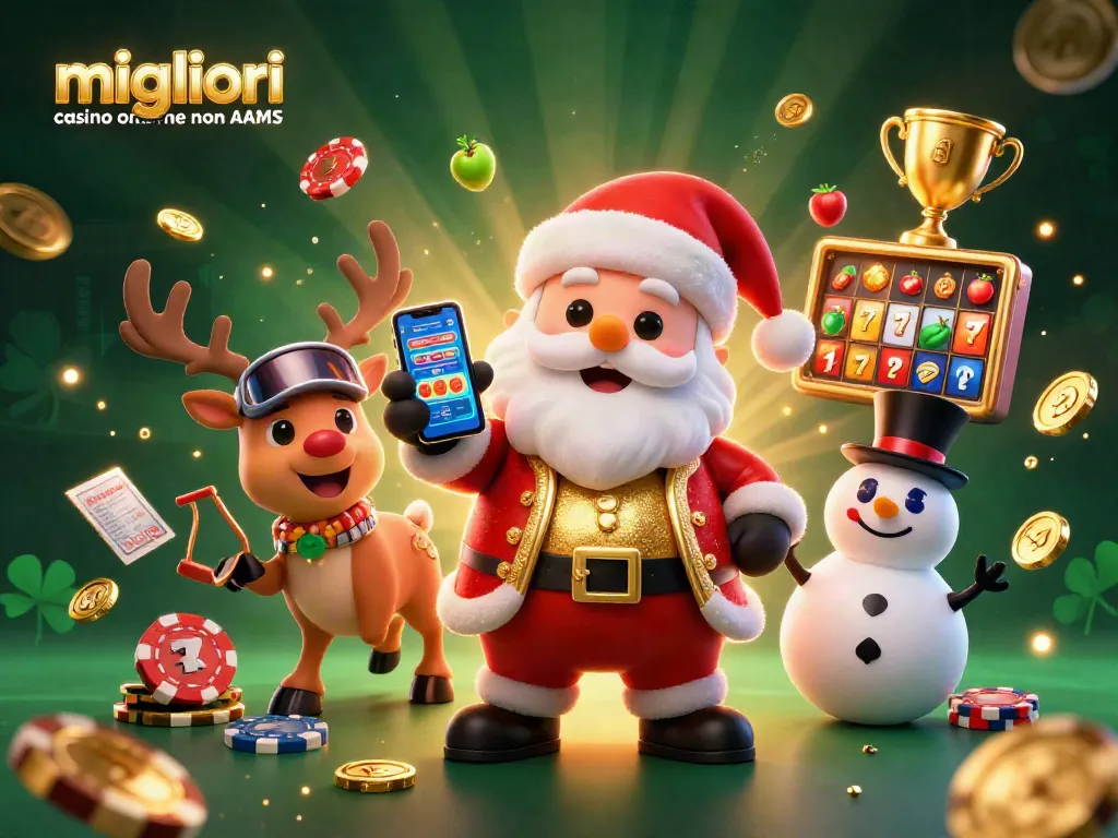 I giochi migliori casino online non AAMS presentano Babbo Natale, una renna e un pupazzo di neve in un casinò con slot e vincite.