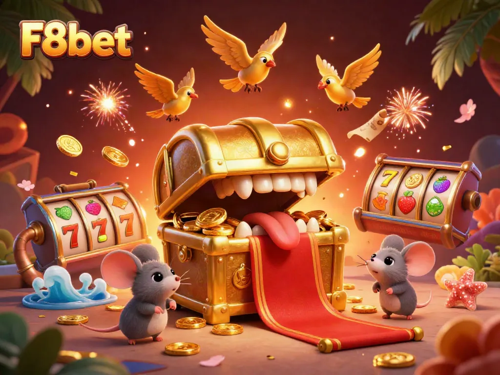 Experience thrilling gameplay with F8bet's exciting treasure-filled illustration featuring vibrant casino elements.