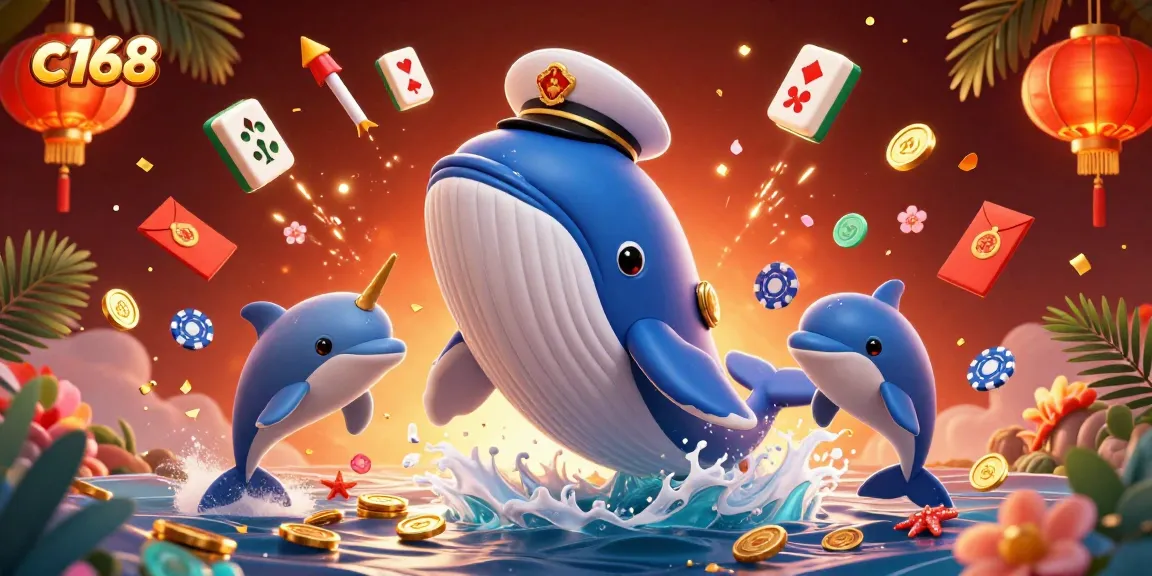 C168 players enjoy vibrant 3D gambling scene with whales, dolphins, poker chips, and festive elements.