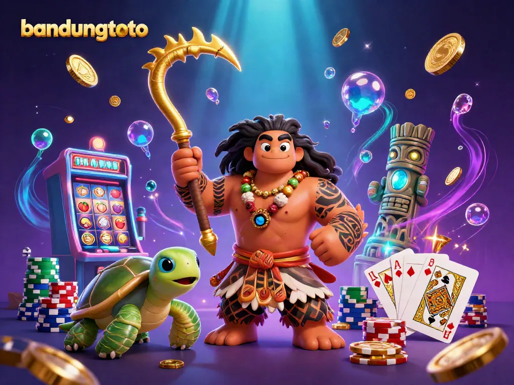 Engage with bandungtoto through vibrant 3D illustration of a casino-themed demigod and turtle amidst golden coins and slots.