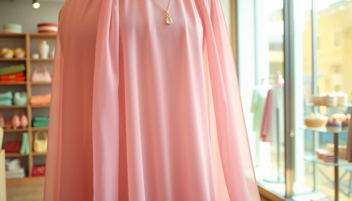 Chiffon stof artistiek gepresenteerd in een stijlvolle boetiek met zachte kleuren.