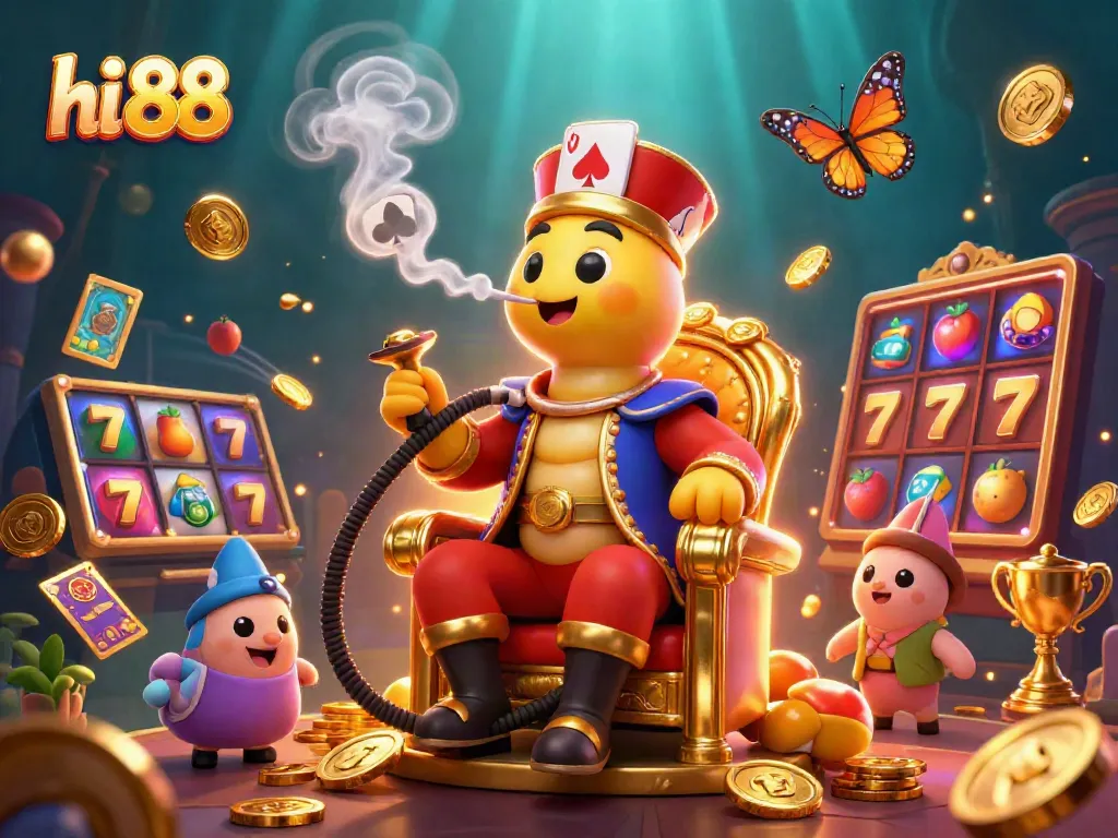 Play exciting casino games at hi 88 with vibrant slot reels and golden tokens flying dynamically.